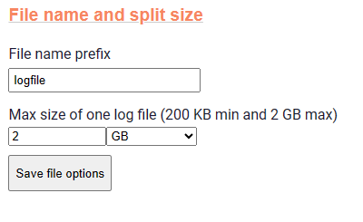 File name and split size