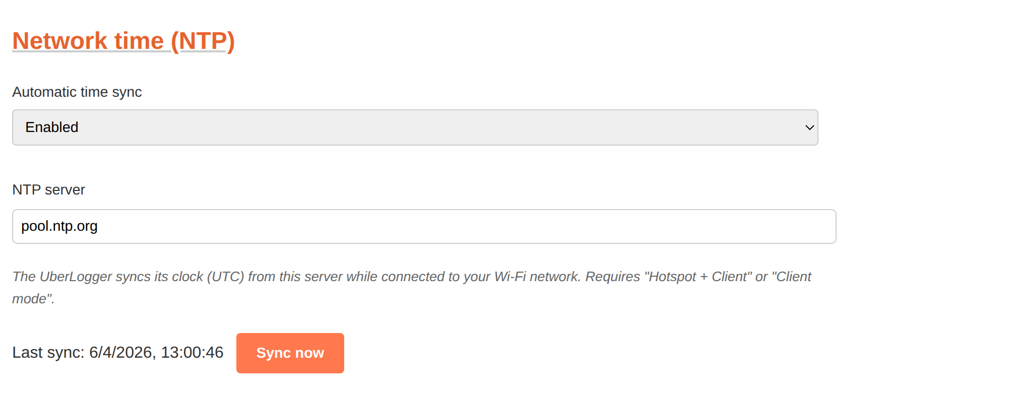 The Network time (NTP) settings on the Network sub-tab of the Configuration page
